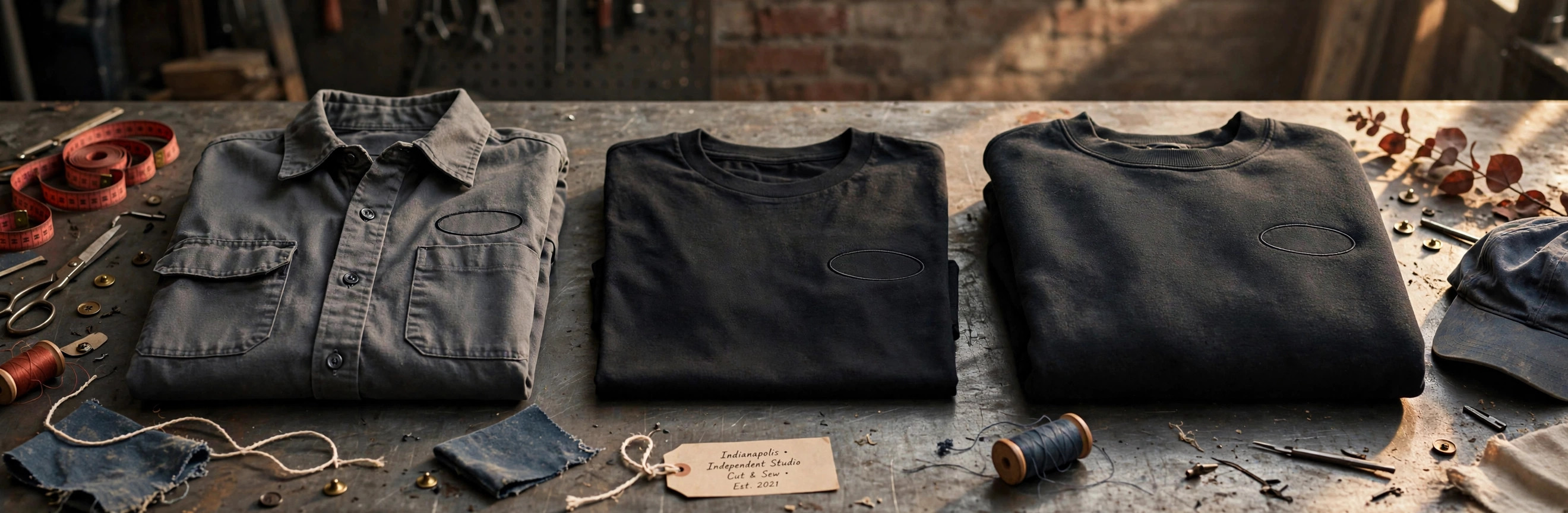 A folded work shirt and two folded T-shirts arranged on an apparel worktable