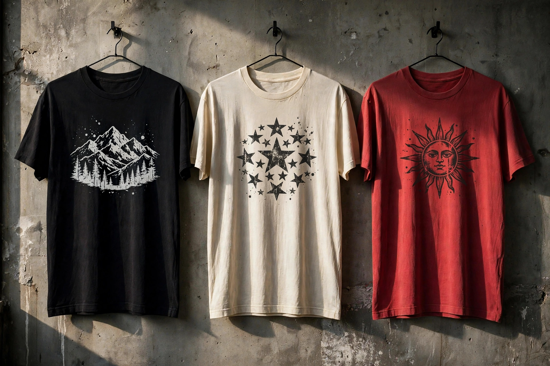 Black, cream and red T-shirts with distinct centered mountain, distressed star and sun graphics